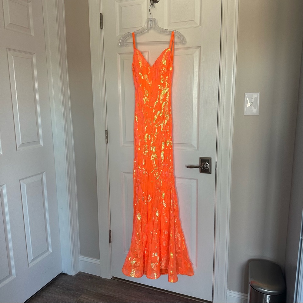 Jovani Neon Orange Sequin Mermaid Prom Dress - Picture 6 of 14